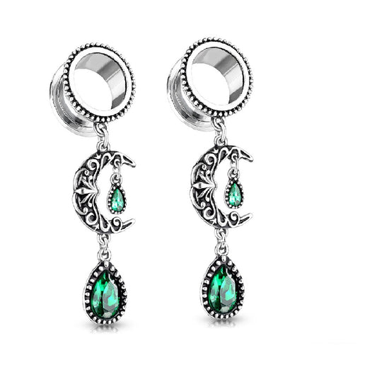 Vintage Filigree Moon Dangling Vibrant Green Stone Set Screw Fit Tunnels - Stainless Steel - Pair