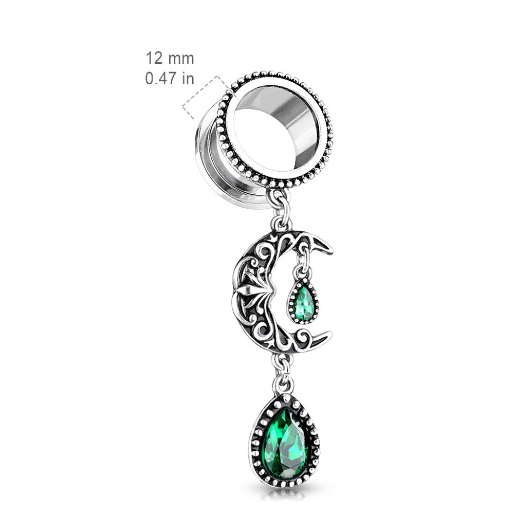 Vintage Filigree Moon Dangling Vibrant Green Stone Set Screw Fit Tunnels - Stainless Steel - Pair