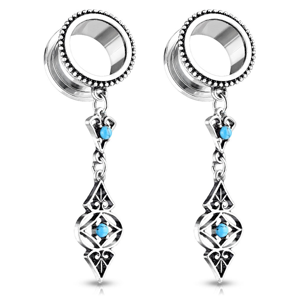 Antique Silver Plated Tribal Dangling Turquoise Charms Screw Fit Tunnels - Stainless Steel