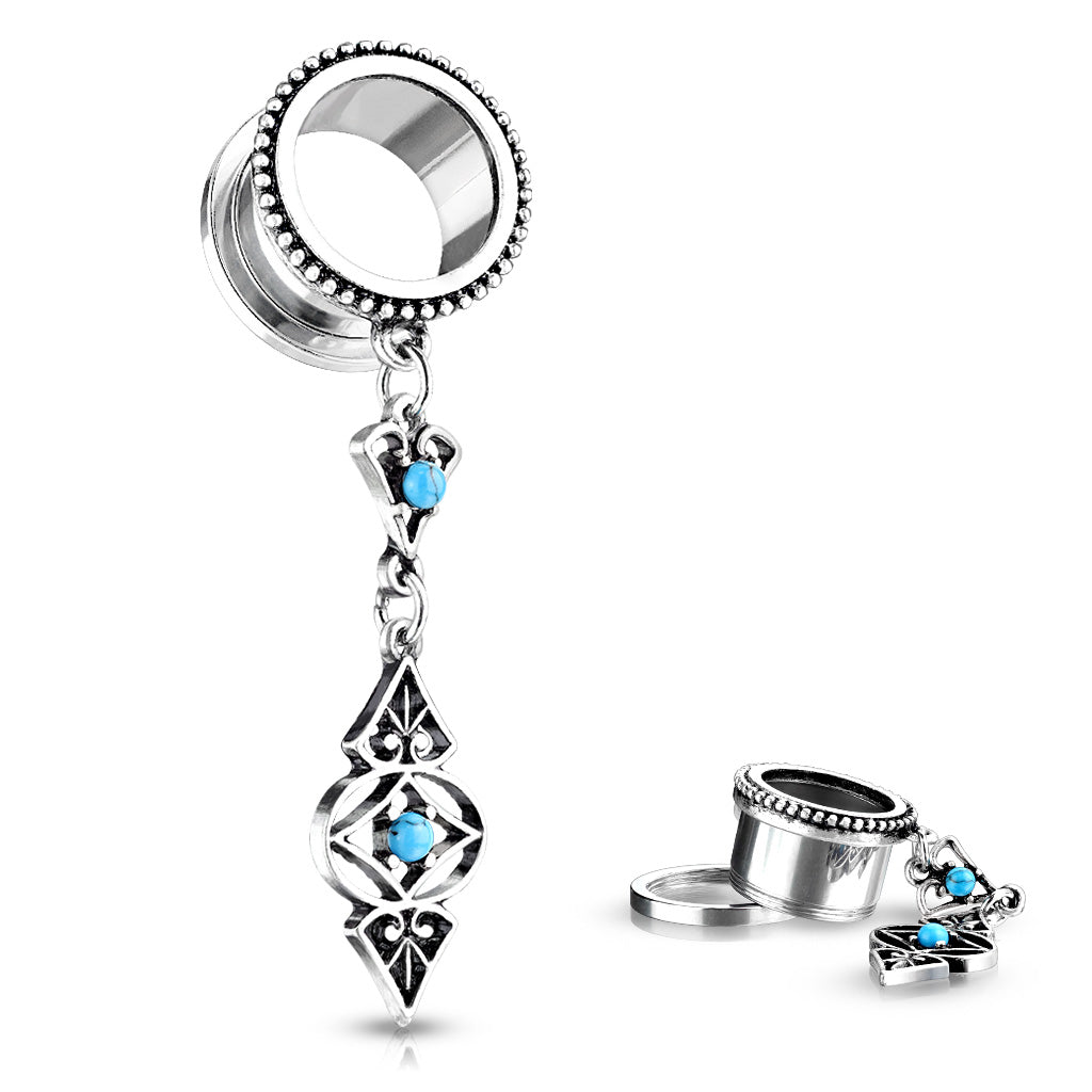 Antique Silver Plated Tribal Dangling Turquoise Charms Screw Fit Tunnels - Stainless Steel