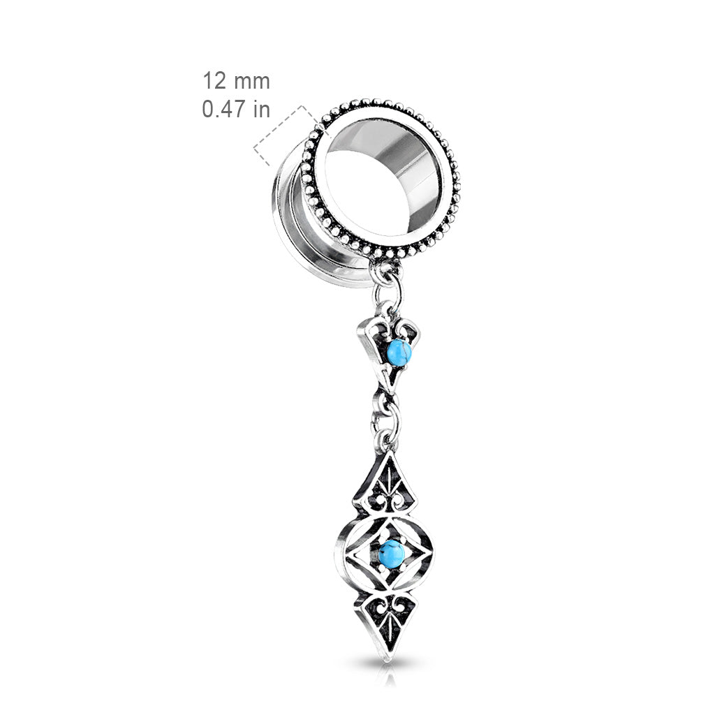 Antique Silver Plated Tribal Dangling Turquoise Charms Screw Fit Tunnels - Stainless Steel