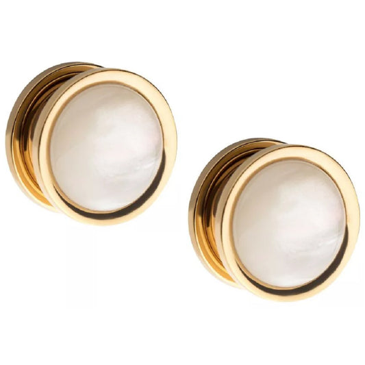 Golden Rim with Large White Synthetic Pearl Stone Screw Fit Plug Gauges - Stainless Steel