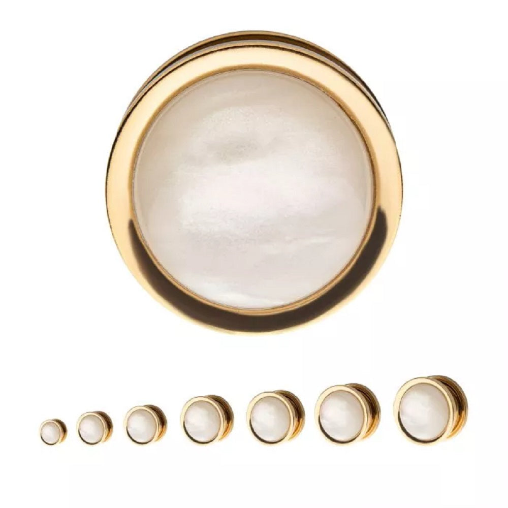 Golden Rim with Large White Synthetic Pearl Stone Screw Fit Plug Gauges - Stainless Steel