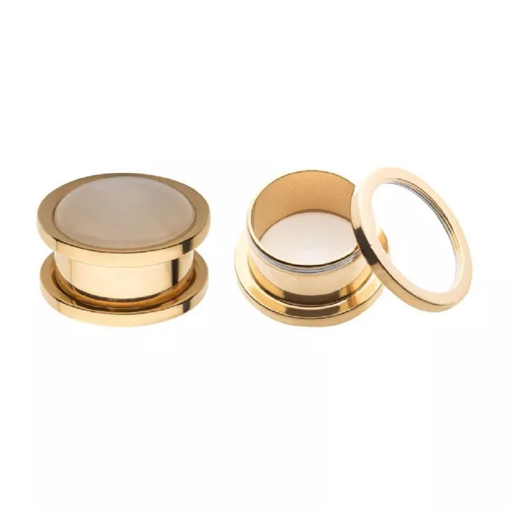 Golden Rim with Large White Synthetic Pearl Stone Screw Fit Plug Gauges - Stainless Steel