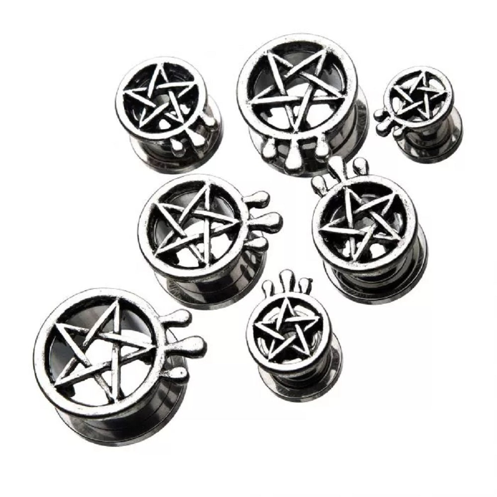 Antiqued Pentagram with Teardrop Design Screw Fit Plugs - Stainless Steel - Pair