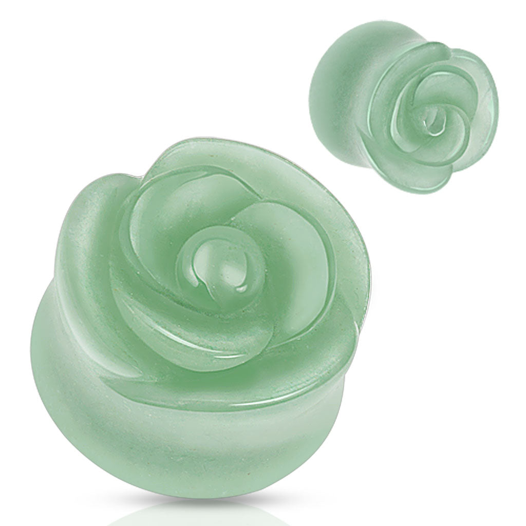 Green Aventurine Stone Carved Rose Double Flared Plugs