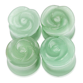 Green Aventurine Stone Carved Rose Double Flared Plugs