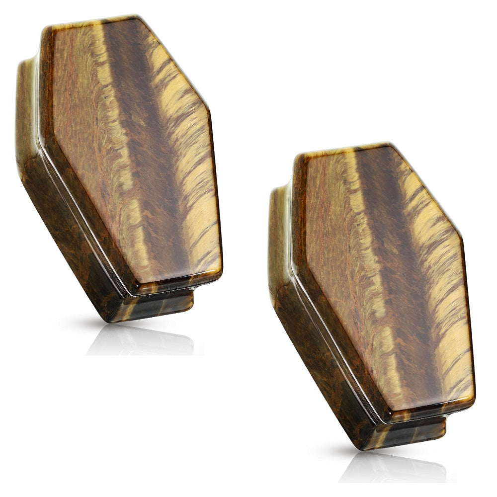 Natural Tiger Eye Stone Coffin Shaped Double Flared Plug Gauges