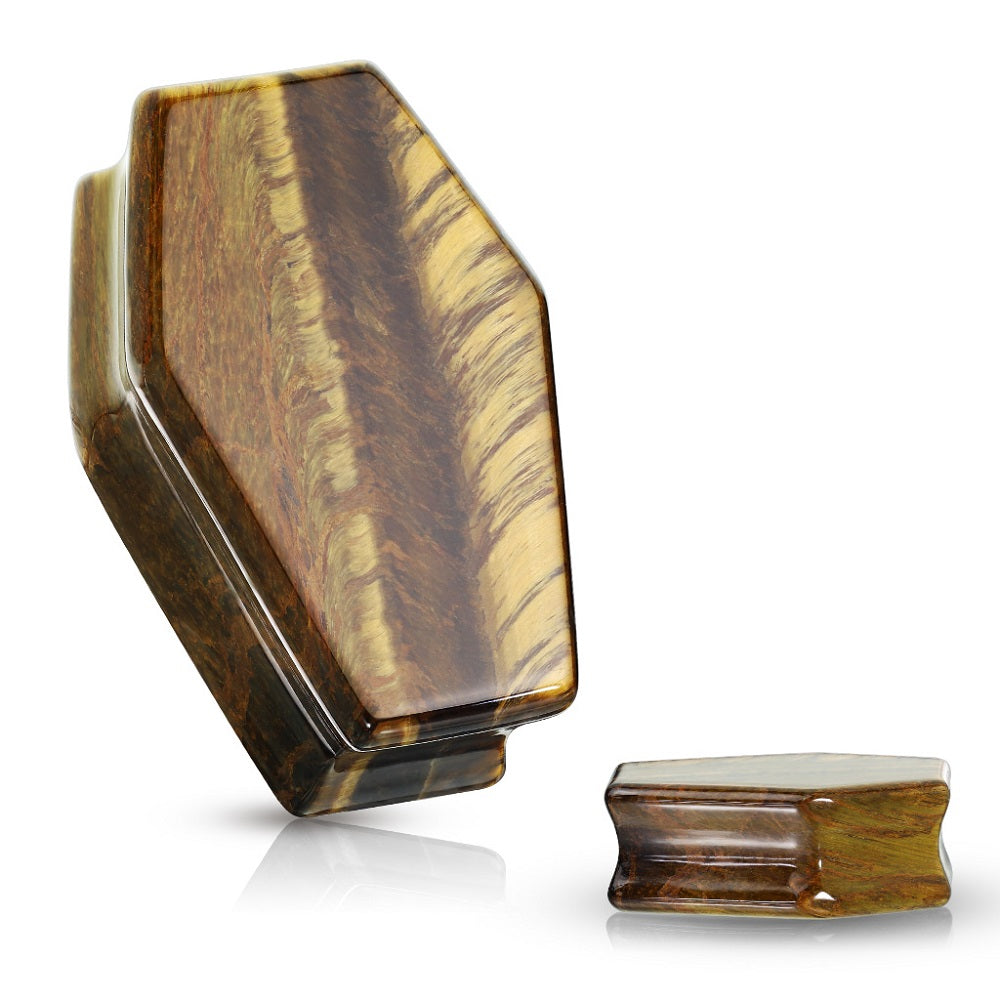Natural Tiger Eye Stone Coffin Shaped Double Flared Plug Gauges