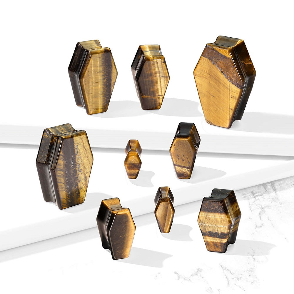 Natural Tiger Eye Stone Coffin Shaped Double Flared Plug Gauges