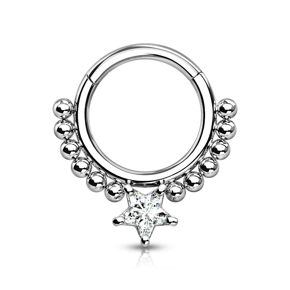 Star Shaped CZ Crystal and Ball Lined Hoop Hinged Segment Ring
- Precision All 316L Surgical Steel