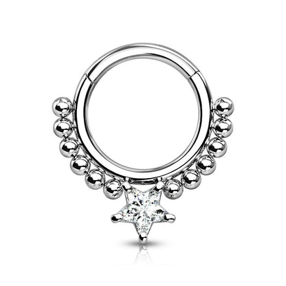 Star Shaped CZ Crystal and Ball Lined Hoop Hinged Segment Ring
 - Precision All 316L Surgical Steel