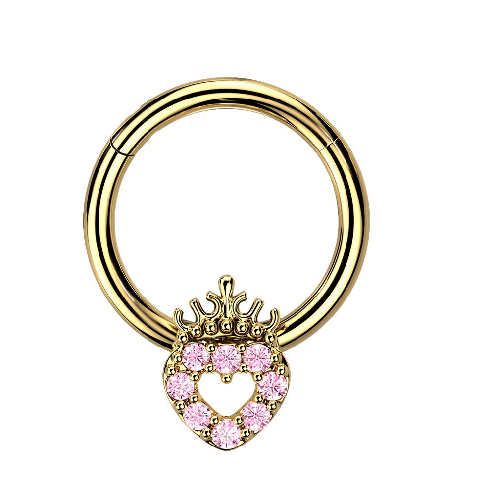 Precision All CZ Crystal Paved Hollow Heart and Crown Top Hinged Segment Ring - 316L Stainless Steel