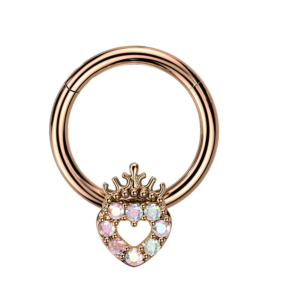 Precision All CZ Crystal Paved Hollow Heart and Crown Top Hinged Segment Ring - 316L Stainless Steel