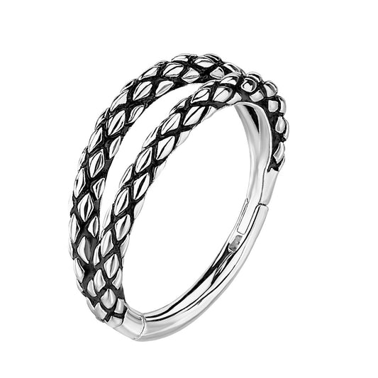 Precision All Oxidized Lizard Skin Patterned Double Hoop Hinged Segment Ring - 316L Stainless Steel