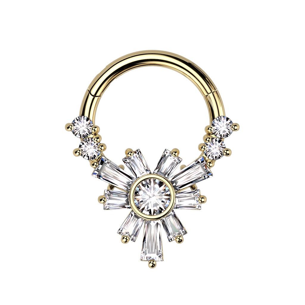Baguette CZ Crystal Flower Front Hinged Segment Ring - 316L Stainless Steel