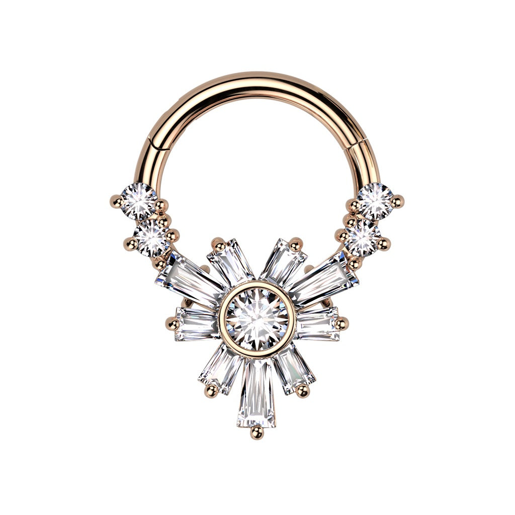 Baguette CZ Crystal Flower Front Hinged Segment Ring - 316L Stainless Steel