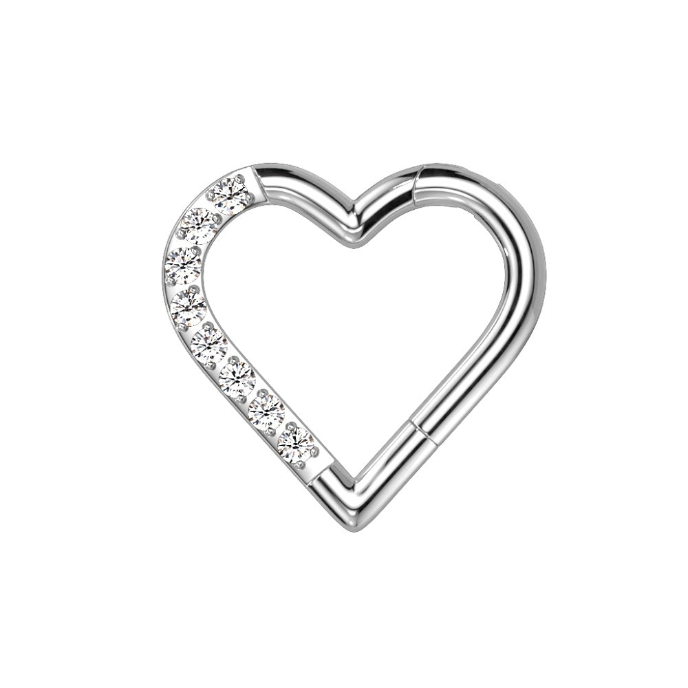CZ Crystal Paved Heart Shaped Hinged Segment Ring - G23 Implant Grade Titanium