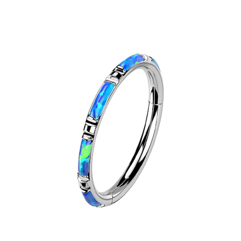 Rectangular Synthetic Opal Inlaid Hinged Segment Ring (Blue)
- G23 Implant Grade Titanium