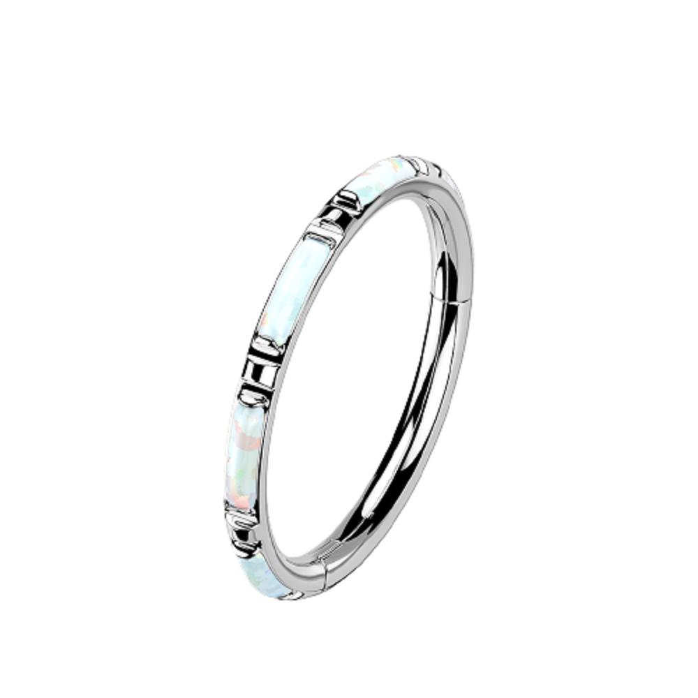 Rectangular Synthetic Opal Inlaid Hinged Segment Ring (Blue)
- G23 Implant Grade Titanium
