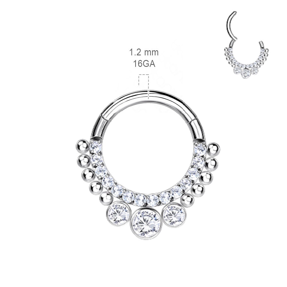 Beaded CZ Crystal Paved Front and Triple Gem Hinged Segment Ring - Implant Grade Titanium