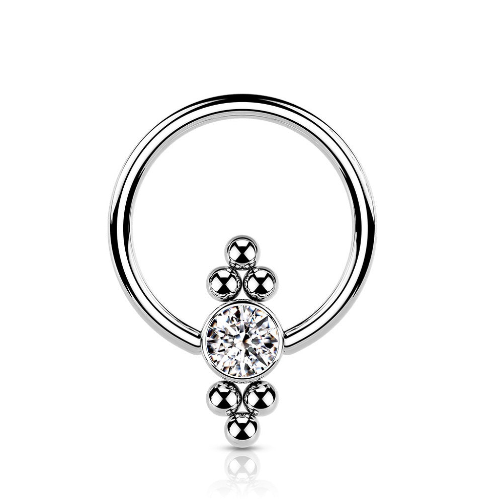 Flat CZ Crystal Ball with Ball Clusters On Each Side Captive Bead Ring
- 316L Surgical Steel