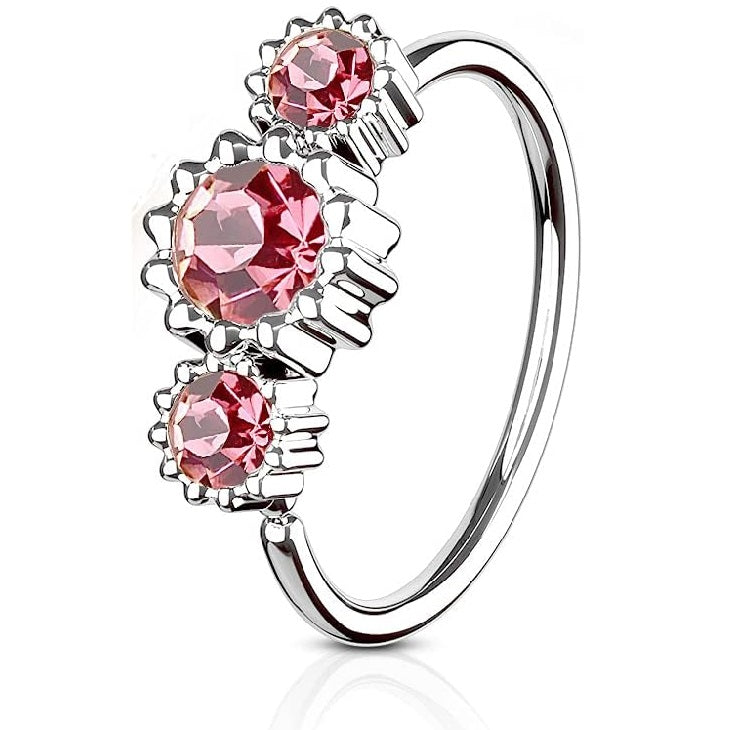 Triple Round Floral CZs in a Line Captive Bead Ring - 316L Stainless Steel
