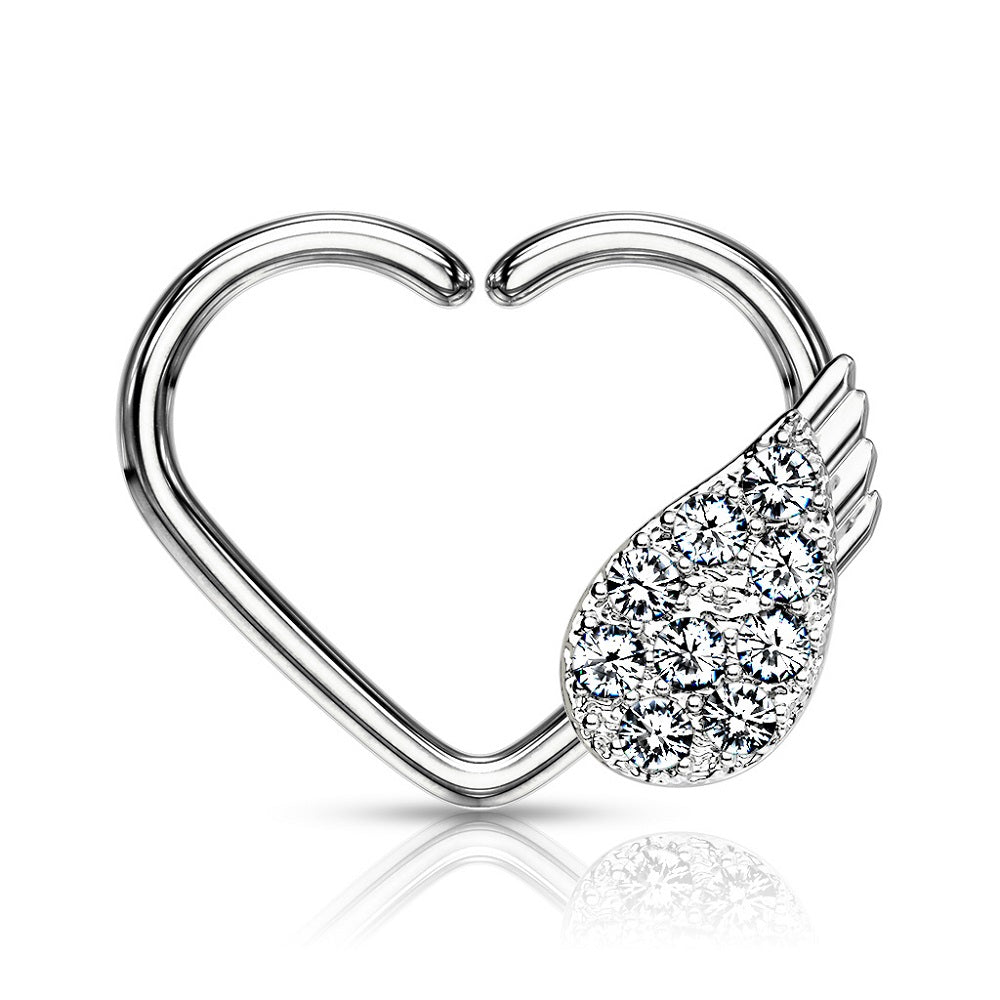 CZ Crystal Paved Angel Wing Daith Heart Shaped Bendable Ring