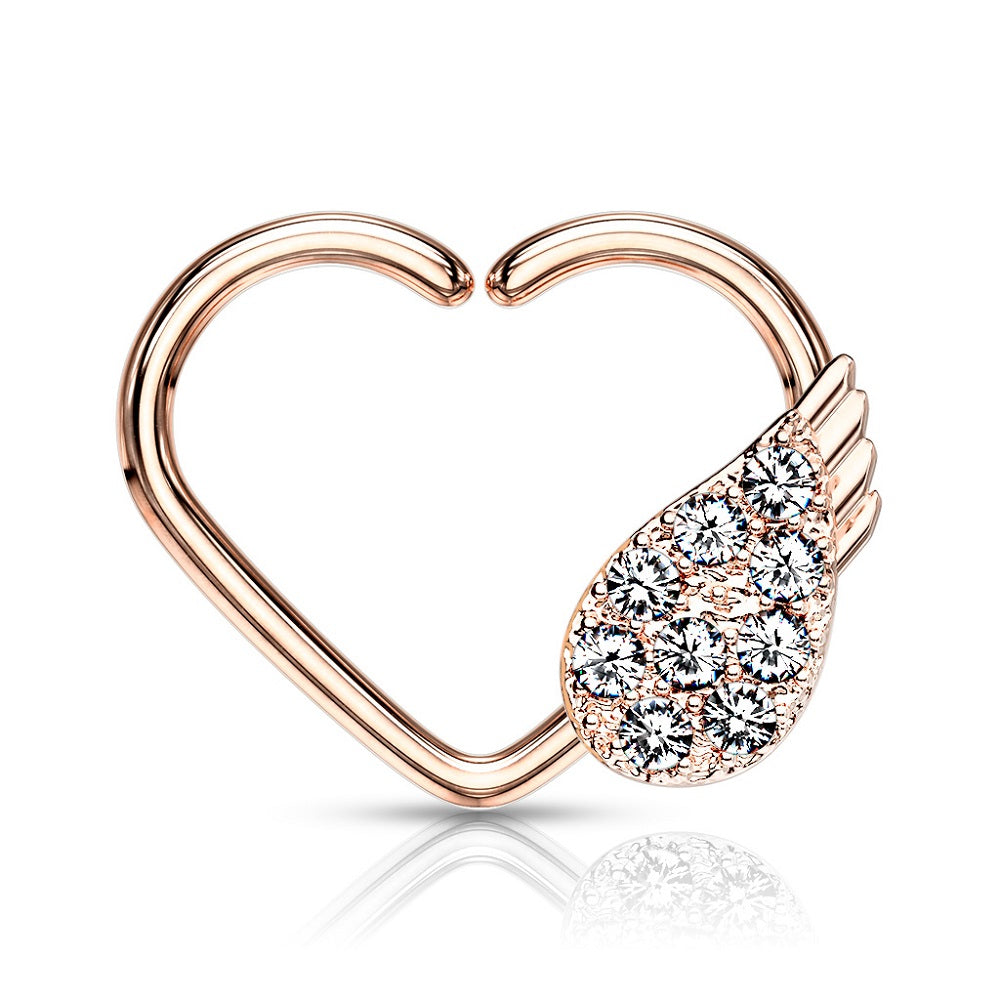 CZ Crystal Paved Angel Wing Daith Heart Shaped Bendable Ring