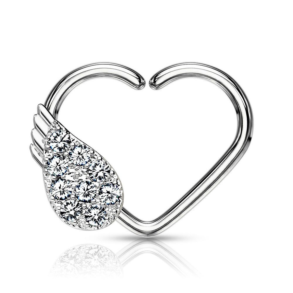 CZ Crystal Paved Angel Wing Daith Heart Shaped Bendable Ring