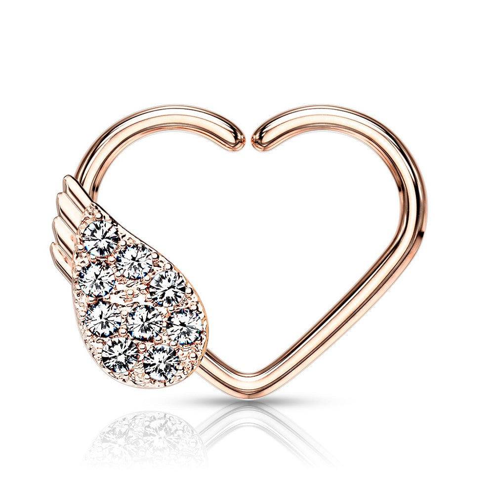 CZ Crystal Paved Angel Wing Daith Heart Shaped Bendable Ring