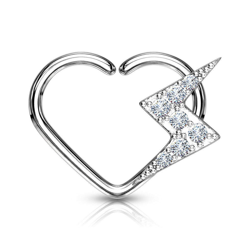 CZ Crystal Paved Lightning Bolt Daith Heart Shaped Bendable Ring