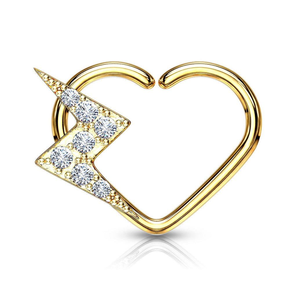 CZ Crystal Paved Lightning Bolt Daith Heart Shaped Bendable Ring