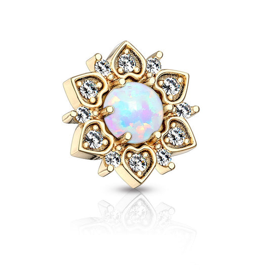 CZ Crystal Flower with Synthetic Opal Center Internally Threaded Dermal Anchor Top - 316L Stainless Steel