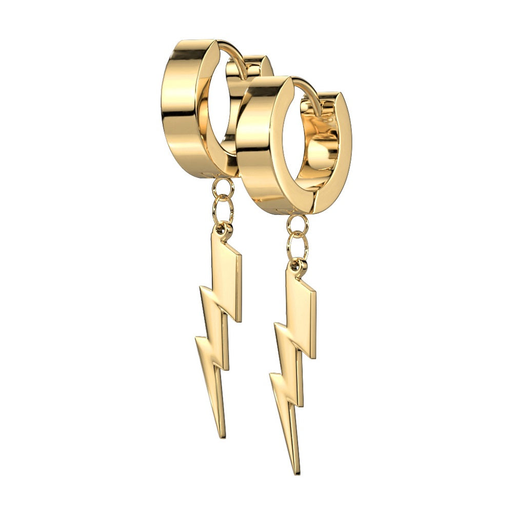 Lightning Bolt Dangling Huggie Hinged Hoop Earrings - 316L Stainless Steel - Pair
