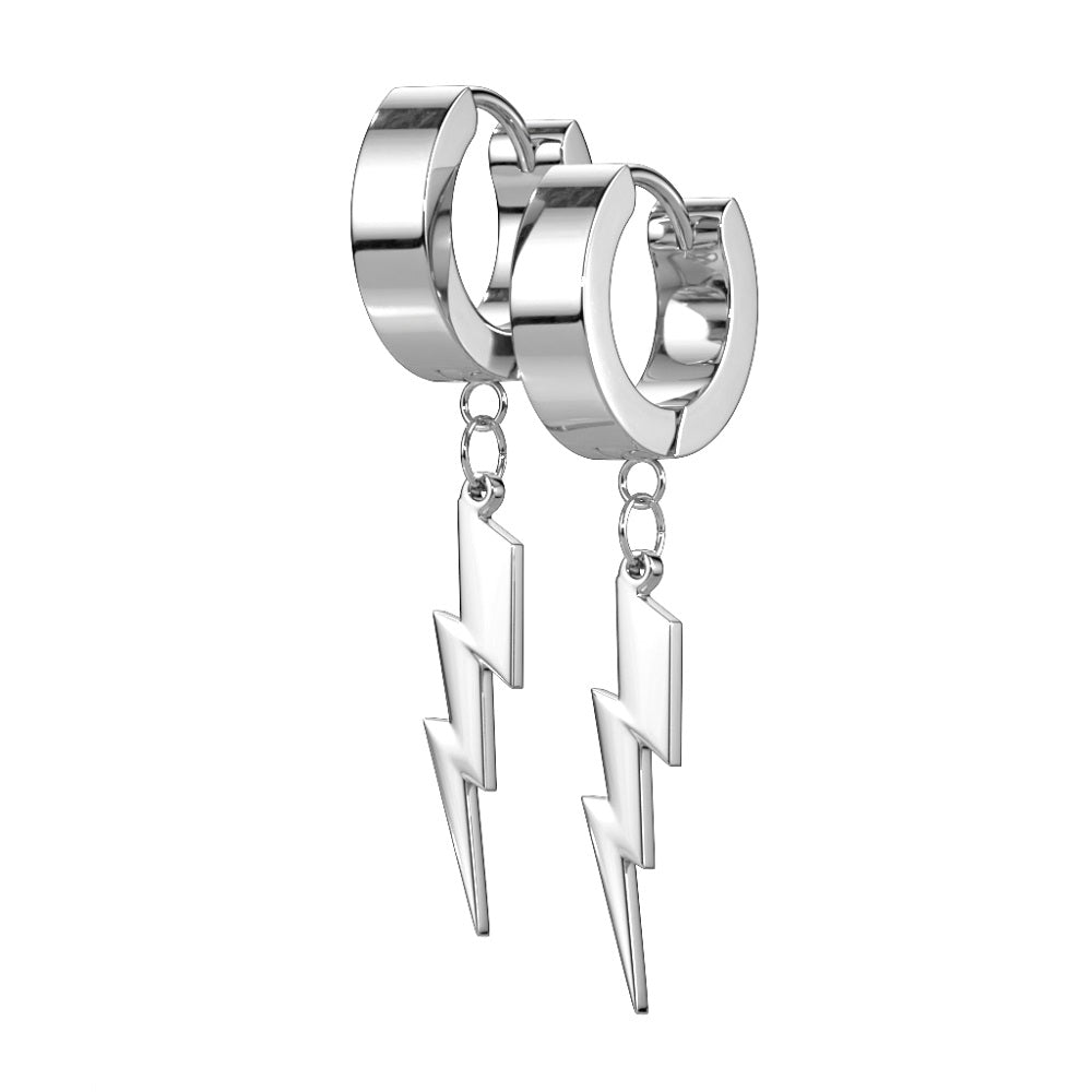 Lightning Bolt Dangling Huggie Hinged Hoop Earrings - 316L Stainless Steel - Pair