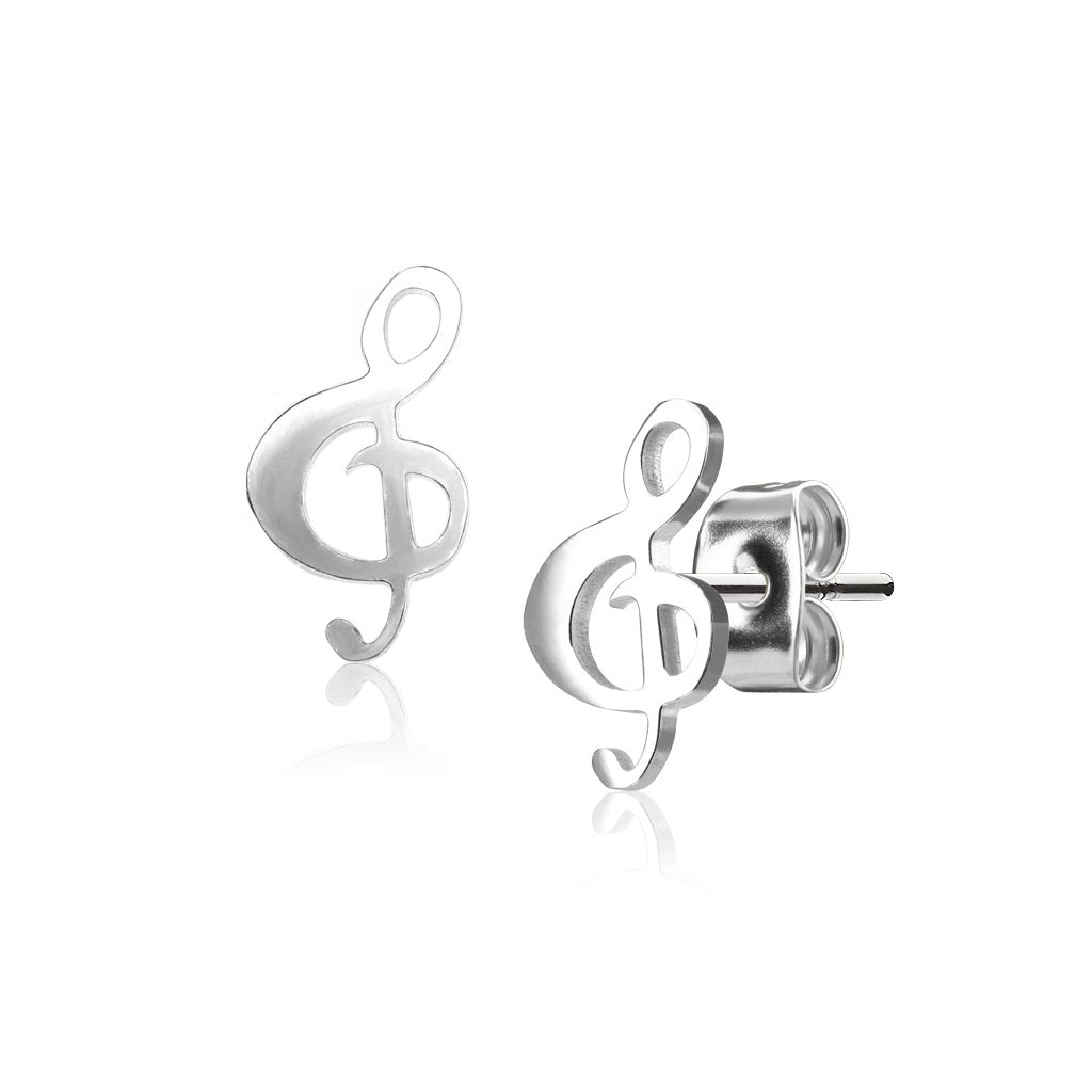 Hand Polished Treble Clef Music Stud Earrings - 316L Stainless Steel