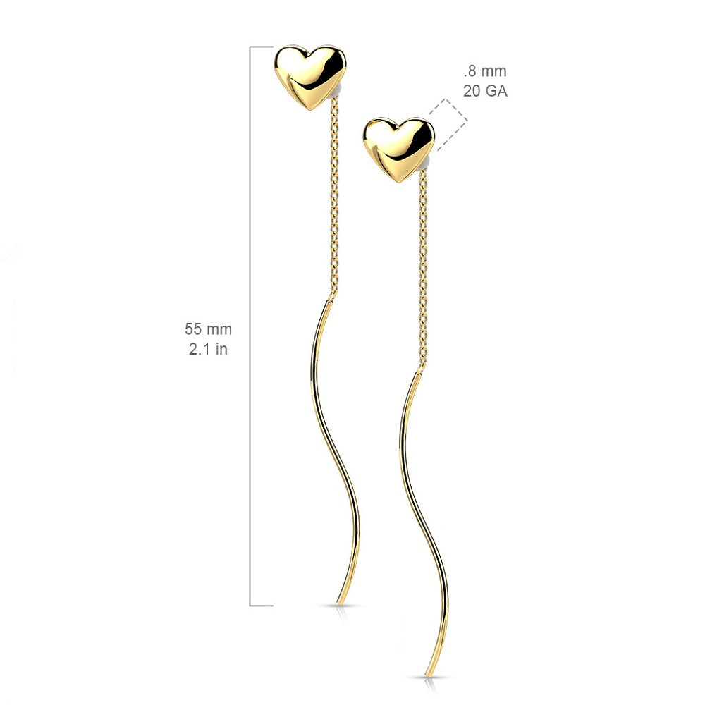 Heart Threader Wave Dangling Earrings - Stainless Steel - Pair