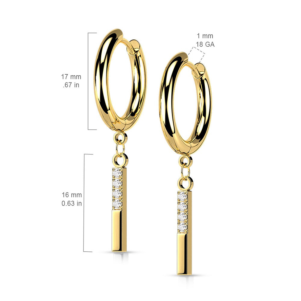 CZ Crystal Paved Rectangular Bar Dangling Hoop Earrings - Stainless Steel - Pair