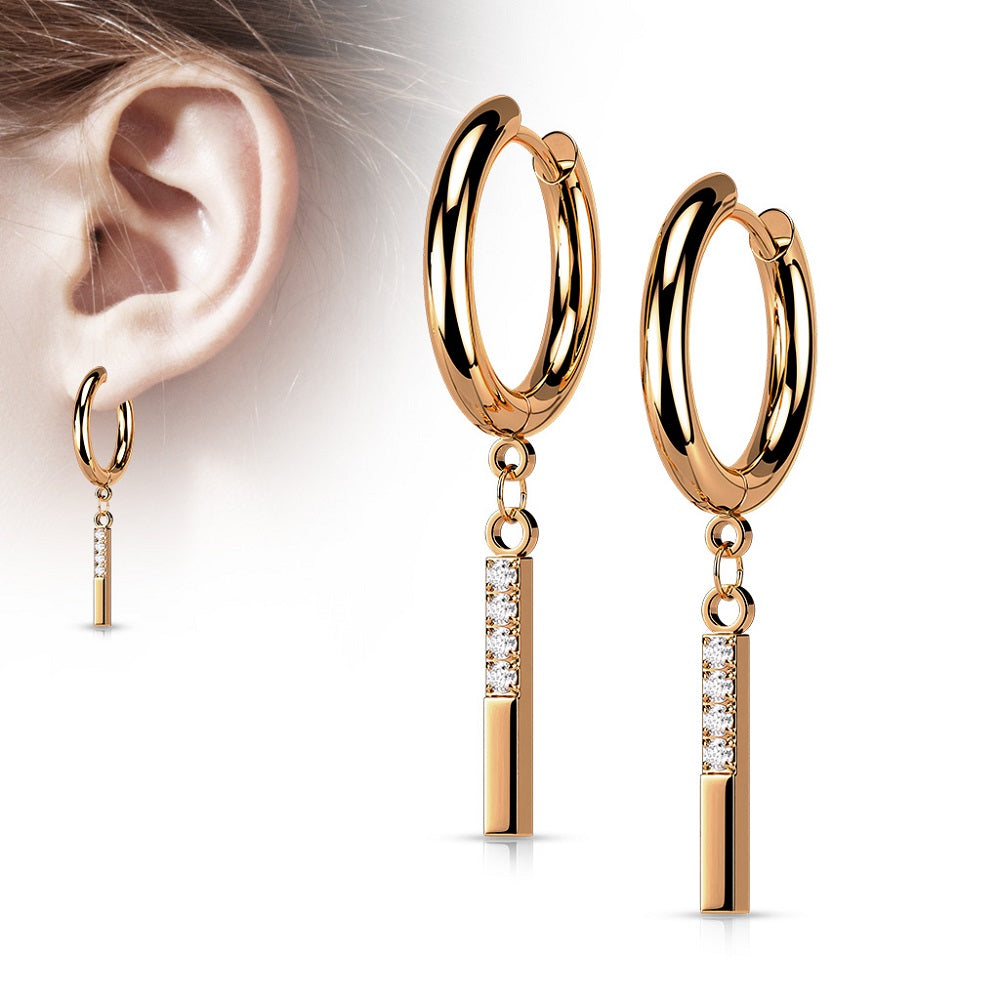 CZ Crystal Paved Rectangular Bar Dangling Hoop Earrings - Stainless Steel - Pair