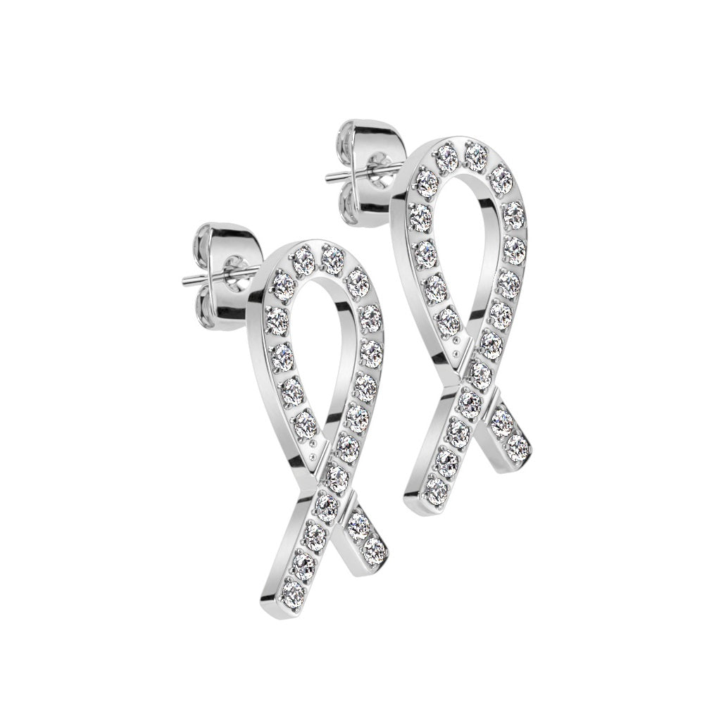 CZ Crystal Ribbon Stud Earrings - 316L Stainless Steel