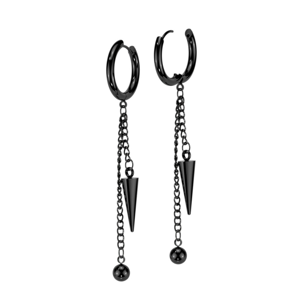 Dangling Chain with Ball and Cone Spikes Hinged Hoop Earrings - 316L Stainless Steel