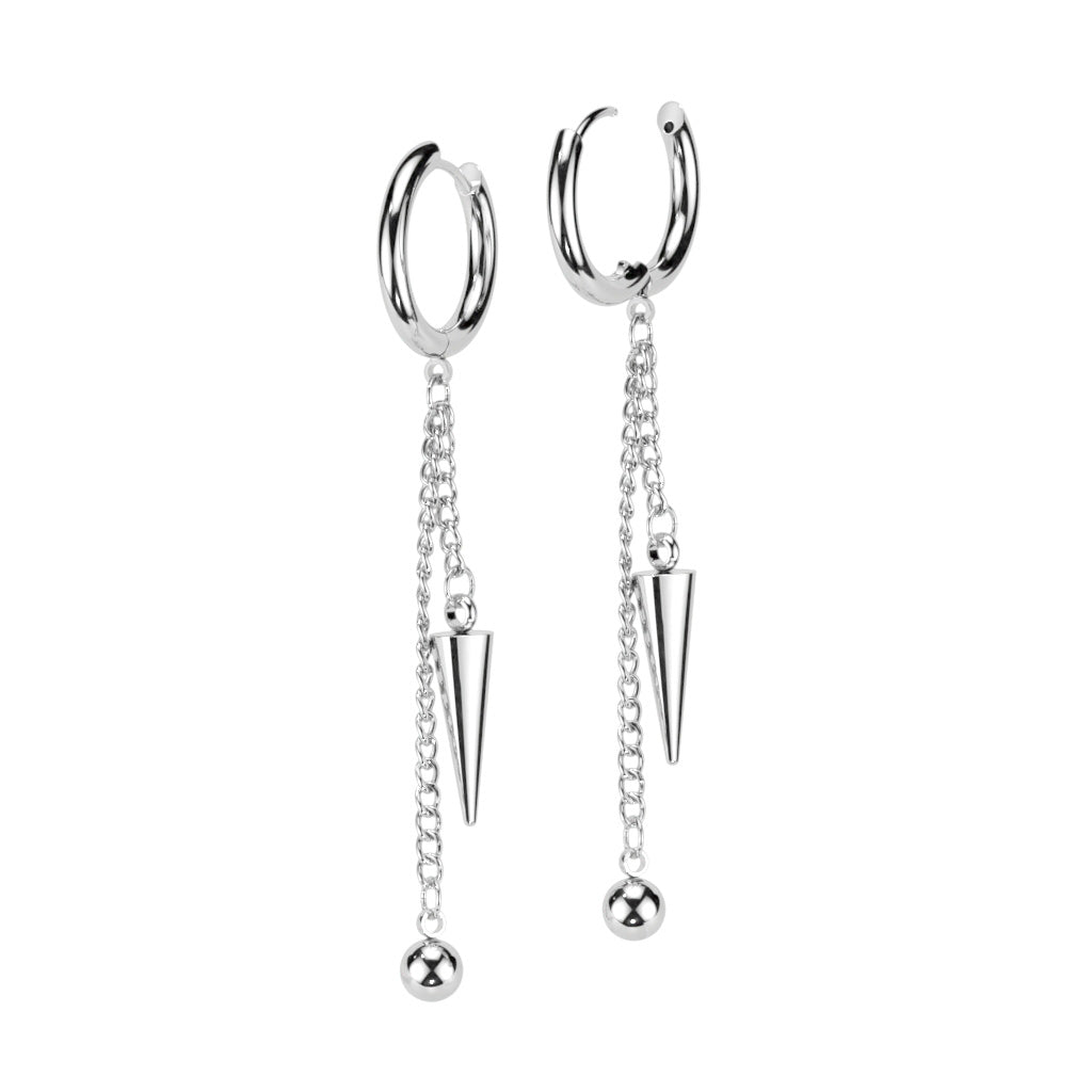 Dangling Chain with Ball and Cone Spikes Hinged Hoop Earrings - 316L Stainless Steel