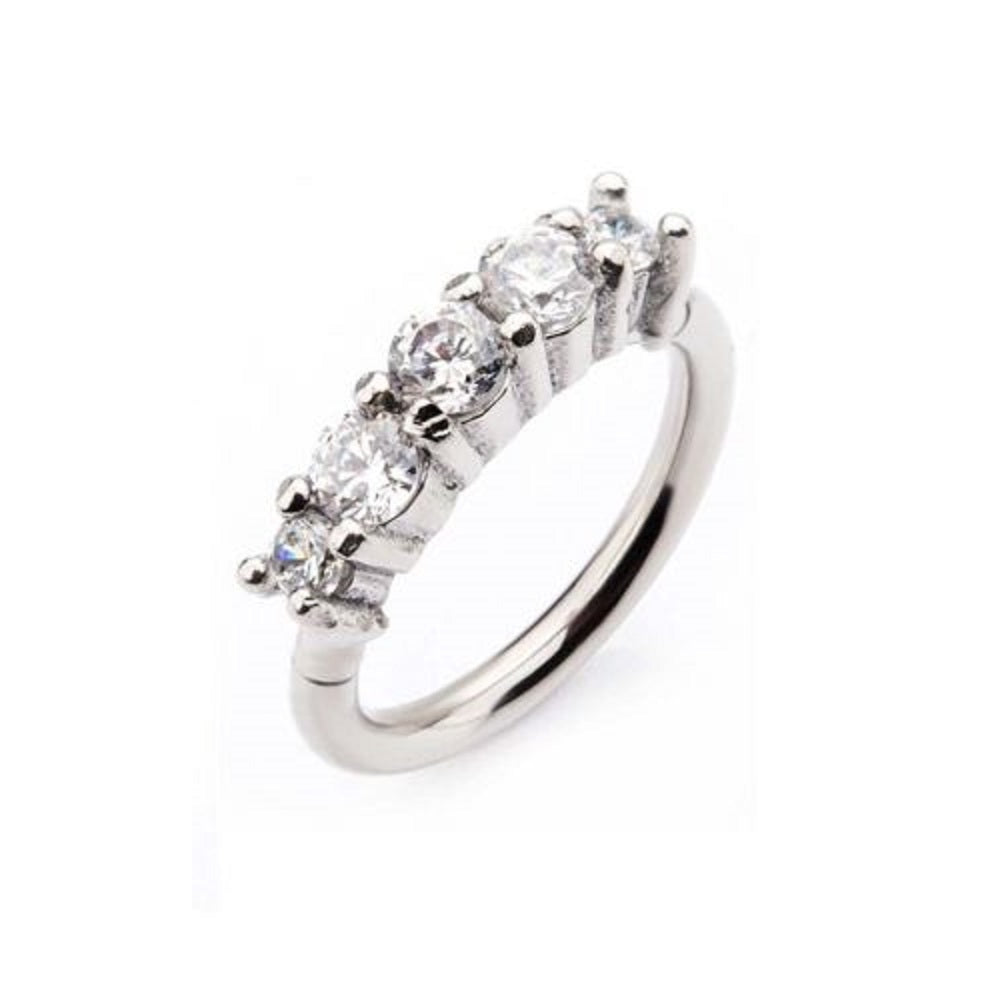 Prong Set Clear CZ Gemmed Top Hinged Segment Clicker Ring - 316L Stainless Steel