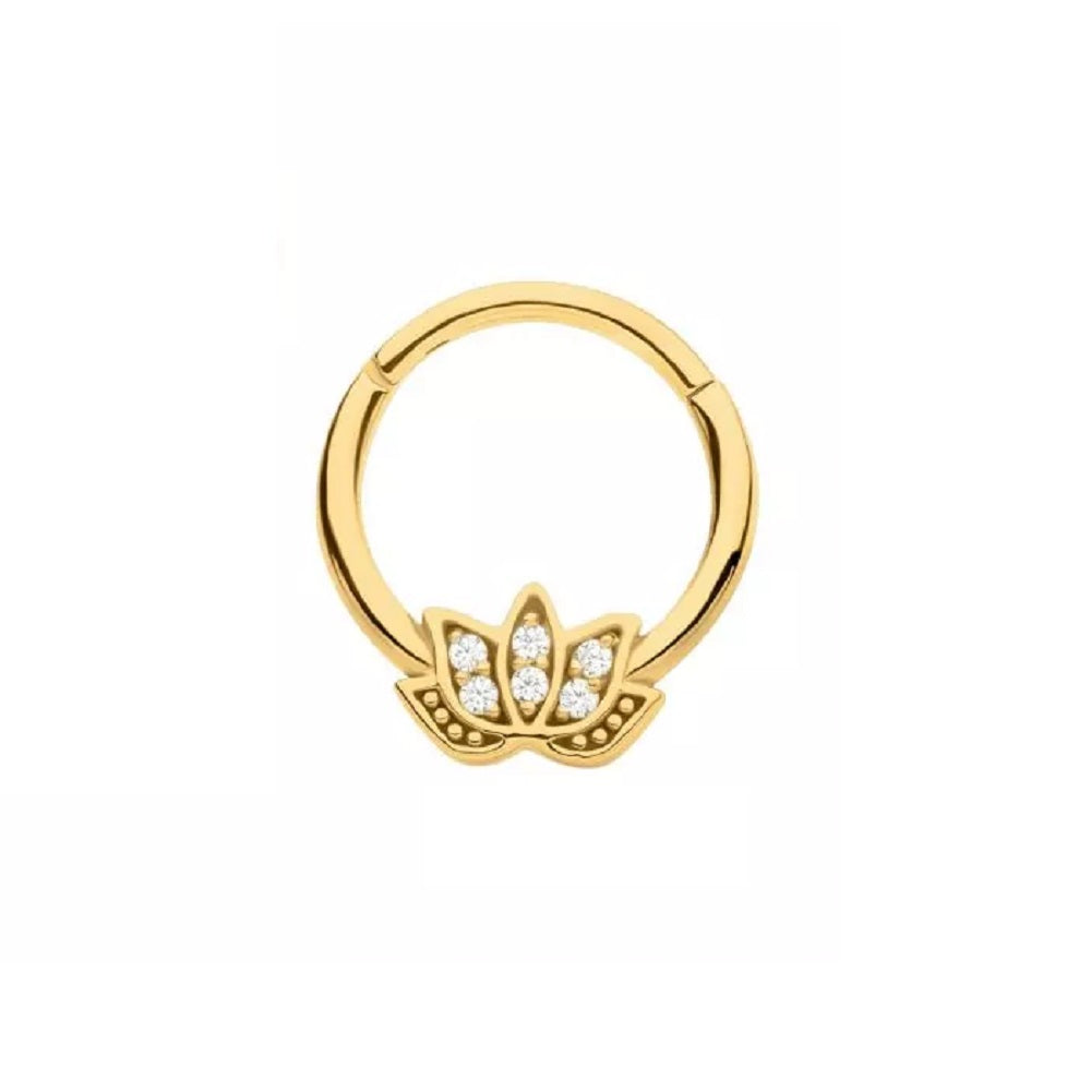 CZ Crystal Lotus Flower Front Facing Hinged Segment Ring - 316L Stainless Steel