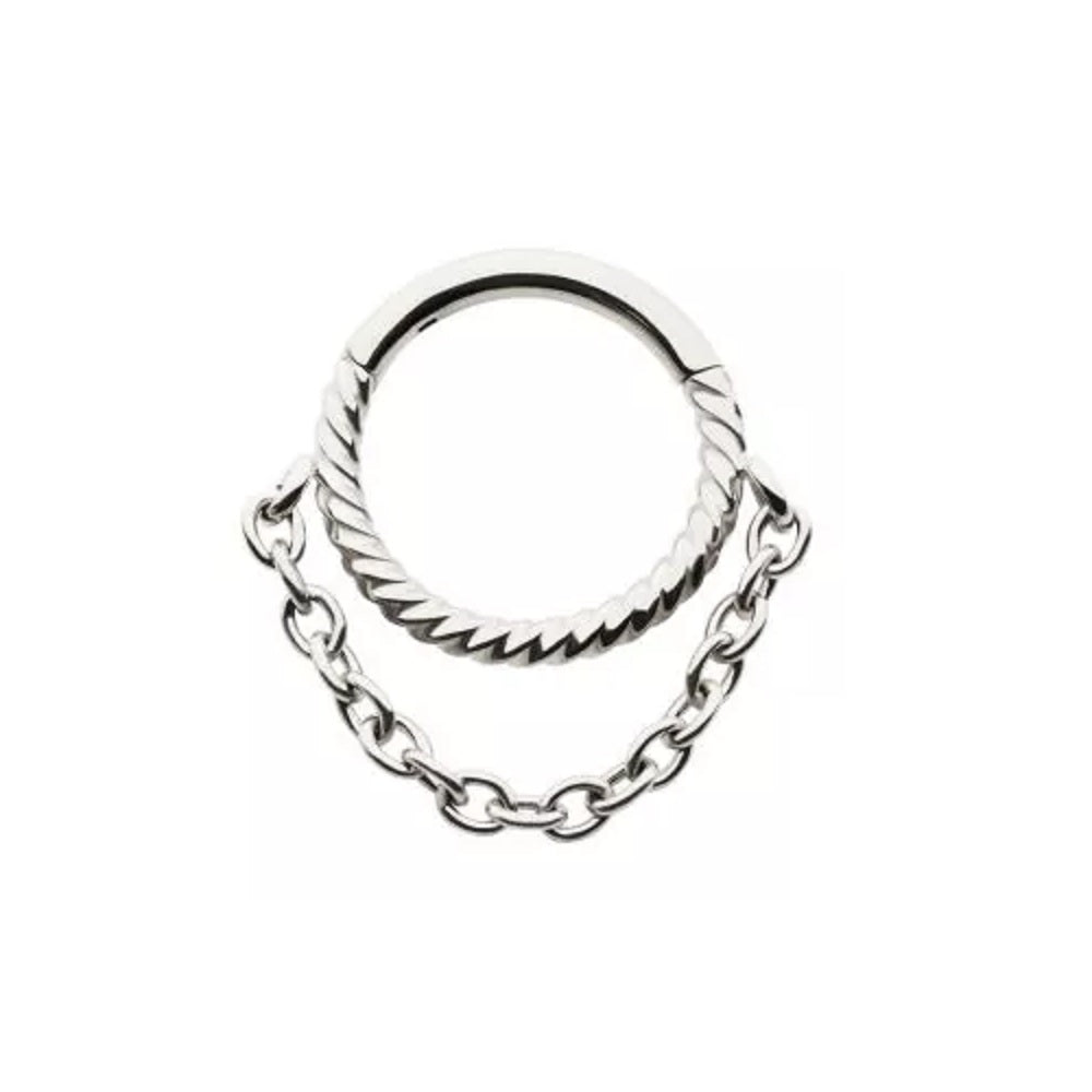 Twisted Design Front Facing Hoop with Dangling Chain Hinged Segment Ring - 316L Stainless Steel