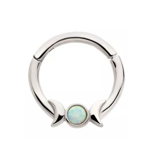 Triple Moon Phase with White Synthetic Opal Center Hinged Segment Ring - 316L Stainless Steel