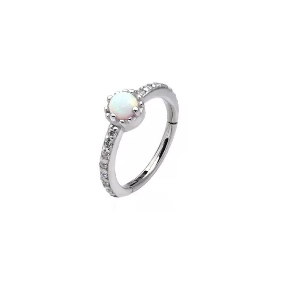 Prong Set White Opalite with CZ Eternity Side Facing Hinged Segment Ring - Stainless Steel