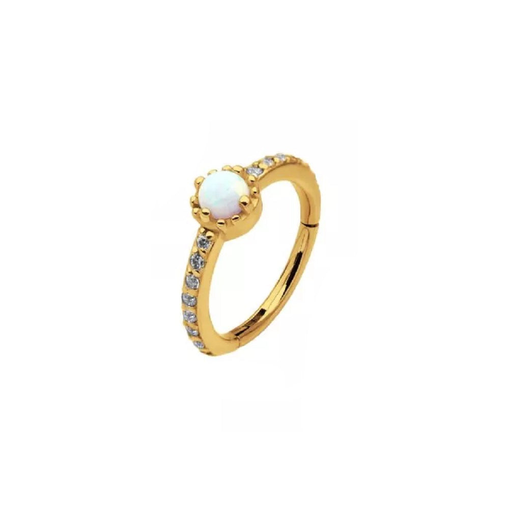 Prong Set White Opalite with CZ Eternity Side Facing Hinged Segment Ring - Stainless Steel
