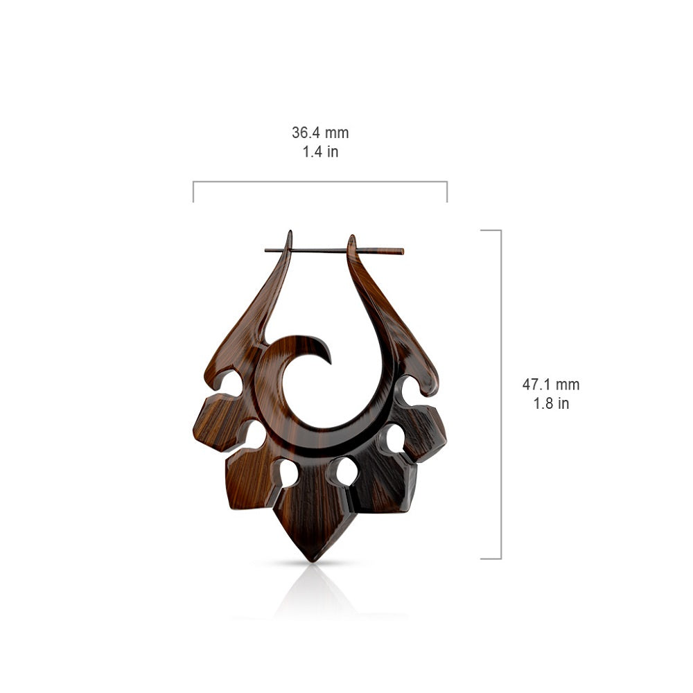 Organic Hand Carved Sono Wood Tribal Ornament Stirrup Hanger Earrings